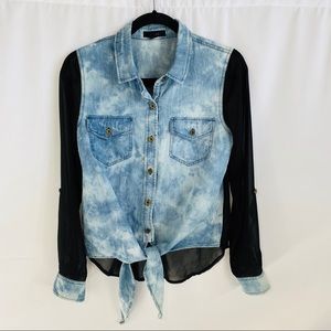 MINE denim sheer button up blouse size small